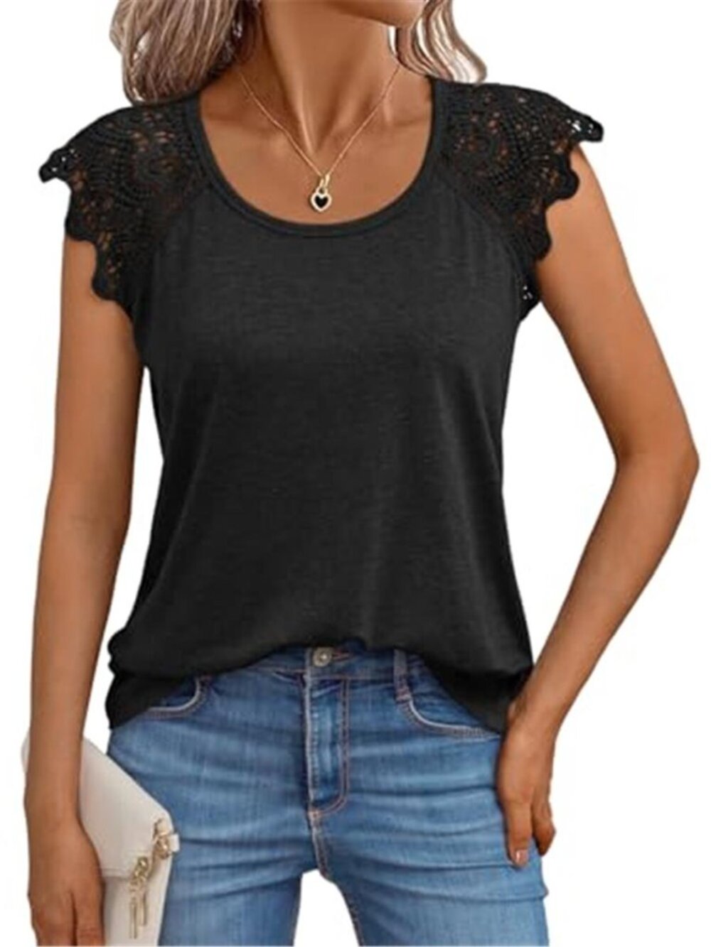 Womens Lace Cap Sleeve Blouse Crew Neck Summer Top Dressy Casual Tunic Shirt